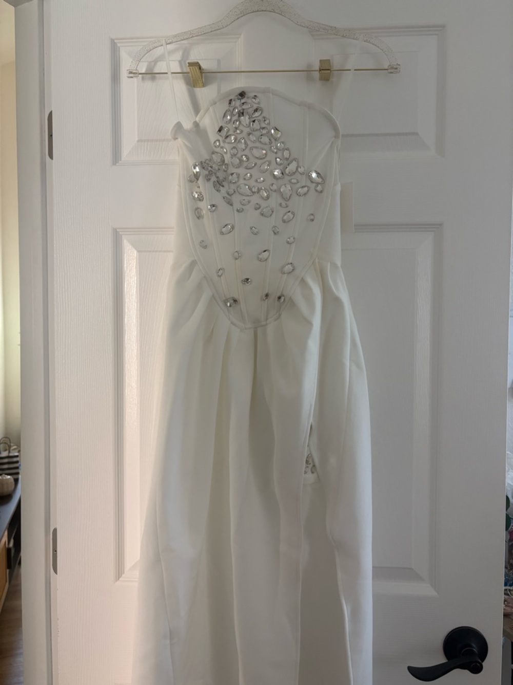 White Embellished Party Dress with Crystal Accents - Picture 2 of 5